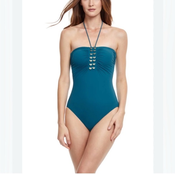 NEW GOTTEX “Classic Golden Touch Teal Bandeau Strapless One-Piece”. Size 8 - Picture 1 of 4